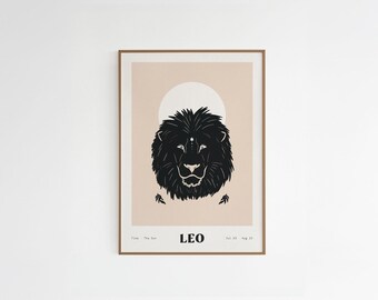 Löwe Astrologisches Poster – A4 Sternzeichen Illustration – Recyclingpapier – Spirituelle Wanddekoration