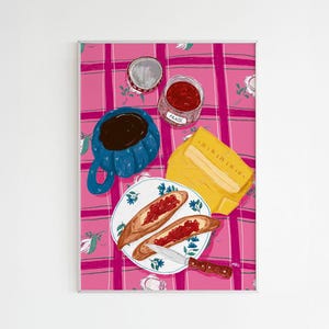 Illustration poster of breakfast on a pink tablecloth / French breakfast with bread, butter, and jam / Black coffee and breakfast print