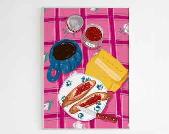 Illustration poster of breakfast on a pink tablecloth / French breakfast with bread, butter, and jam / Black coffee and breakfast print