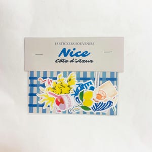 Leuke stickers – Set van 15 geïllustreerde stickers | Blauwe stoelen, Fenocchio-ijs, Zon | Souvenirs van Nice | Côte d’Azur Stationery