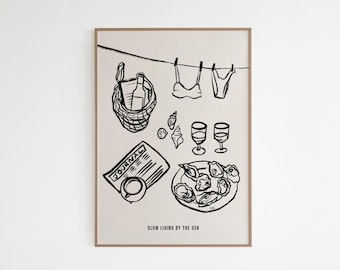 Illustration drawing / Slow morning by the sea / Print south of France illustration /