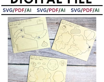 Può includere: Tre file di taglio digitali per l'artigianato. I file sono per una fetta di torta, una ghianda e un tacchino. Ogni file include istruzioni per dipingere, incollare e far stare in piedi l'artigianato.
