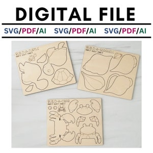 Kit de créations DIY animaux de plage pour enfants, SVG, vie à la plage, tortue, coquillage, crabe, fichier numérique, Glowforge, créations laser