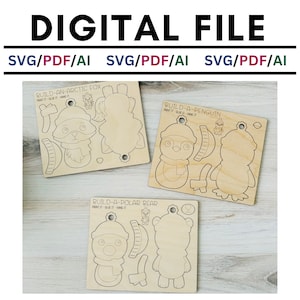 Peut inclure: Trois kits d'artisanat en bois pour peindre, coller et suspendre. Chaque kit présente un animal différent : un renard arctique, un pingouin et un ours polaire. Les kits comprennent toutes les pièces nécessaires pour assembler les animaux, y compris la tête, le corps et les accessoires.