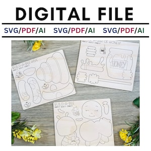 Bijenset, pop-out doe-het-zelfkit voor kinderen, SVG, pot honing, bij, bijenkorf, laser SVG, digitaal bestand, Glowforge-bestand, laserambachten