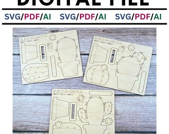 Puede incluir: Tres archivos de corte digital para un proyecto de manualidades de construcción de cactus. Cada archivo incluye formas de cactus, maceta y flores. El texto "BUILD-A-CACTUS" está incluido en cada archivo. Los archivos están en los formatos SVG, PDF y AI.