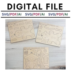 May include: Three wooden laser cutouts for a gingerbread theme. The cutouts include a gingerbread man, gingerbread girl, and gingerbread house, with separate pieces for assembly. The text "DIGITAL FILE" and "SVG/PDF/AI" are at the top.