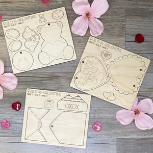 Valentines Day Set, Pop-Out Kids DIY Craft Kit, SVG, Valentine Bear, Valentine Heart, Valentine Letter, Digital, Glowforge, Laser Crafts image 2