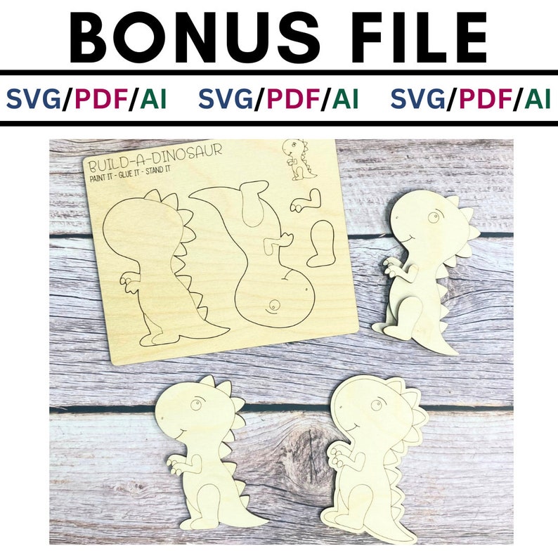 May include: A wooden craft kit for building a dinosaur. The kit includes a wooden base with a dinosaur outline and separate pieces to assemble the dinosaur. The text on the base reads "Build-A-Dinosaur, Paint It - Glue It - Stand It."