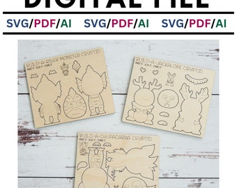 Może przedstawiać: Trzy cyfrowe pliki do cięcia do budowania kryptyd. Pliki zawierają potwora rzecznego, jackalope i chupacabra. Każdy plik zawiera wiele elementów do wycięcia, pomalowania i złożenia.