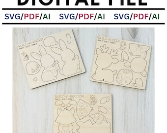 Può includere: Tre kit di artigianato in legno per bambini da dipingere, incollare e assemblare. I kit presentano un coniglio, un cervo e un procione. Ogni kit include più pezzi che si incastrano per creare un animale 3D.