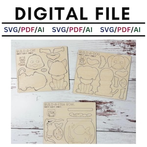 Puede incluir: Kits de manualidades de madera con diseños de animales. Los kits incluyen un gato, un perro y una pecera, cada uno con piezas separadas para ensamblar. El texto "DIGITAL FILE" y "SVG/PDF/AI" están en la parte superior. Los kits están etiquetados como "BUILD-A-CAT", "BUILD-A-DOG" y "BUILD-A-FISH BOWL".
