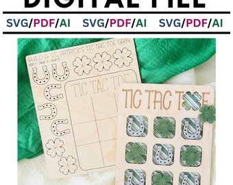 St Patrick's Day Tic Tac Toe Game, Pop-Out Activity, Lucky Clover and Horseshoe, SVG, Digital, Glowforge, Laser Cut