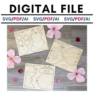 Conjunto de Dia dos Namorados, Kit de artesanato DIY para crianças pop-out, SVG, Urso dos Namorados, Coração dos Namorados, Carta dos Namorados, Digital, Glowforge, Artesanato a Laser