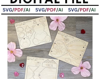Valentine’s Day Set, Pop-Out Kids DIY Craft Kit, SVG, Valentine Bear, Valentine Heart, Valentine Letter, Digital, Glowforge, Laser Crafts