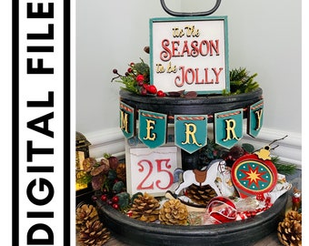 Christmas Tiered Tray Décor, Digital File, Glowforge, Merry Christmas, Farmhouse Style Décor, Vintage, Tiered Tray Décor