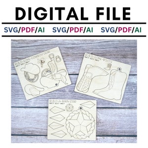 Puede incluir: Tres archivos de corte digital para manualidades. Los diseños son para un conjunto de equipo de vaquero, un par de botas y una estrella de granero. Cada diseño incluye instrucciones para pintar, pegar y colgar la manualidad terminada.