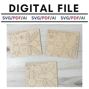 May include: Wooden puzzle pieces with outlines of a dragonfly, grasshopper, and lightning bug. Each puzzle is labeled with "BUILD-A-" and the insect's name, along with instructions to paint, glue, and stand it. The words "DIGITAL FILE" are at the top.