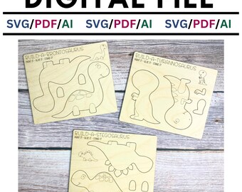 Può includere: Tre modelli di dinosauro in legno da ritagliare per un progetto di artigianato. I modelli sono etichettati "Build-a-Brontosaurus", "Build-a-Tyrannosaurus" e "Build-a-Stegosaurus".