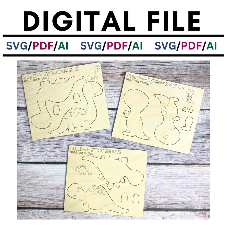 May include: Three wooden dinosaur cut-out templates for a craft project. The templates are labeled "Build-a-Brontosaurus", "Build-a-Tyrannosaurus", and "Build-a-Stegosaurus".