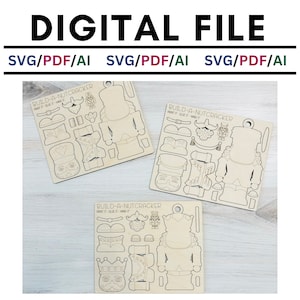 May include: Three wooden nutcracker ornaments with instructions to paint, glue, and hang them. Each ornament has a different design and includes all the pieces needed to assemble the nutcracker.