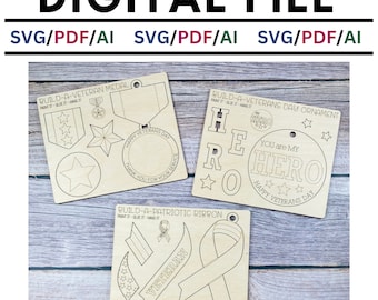 May include: Three wooden craft projects for Veterans Day. The first is a medal with stars, a ribbon, and the words "Happy Veterans Day" and "Thank You for Your Service". The second is a "Hero" ornament with stars and the words "You are my Hero" and "Happy Veterans Day". The third is a ribbon with the word "Veteran" and stars.