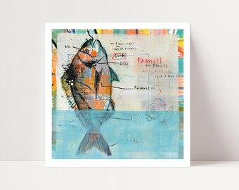 Francis the Dorade, Fine Art Print of an Original Mixed Media Artwork on White Paper Signed by Artist - 30 x 30 cm