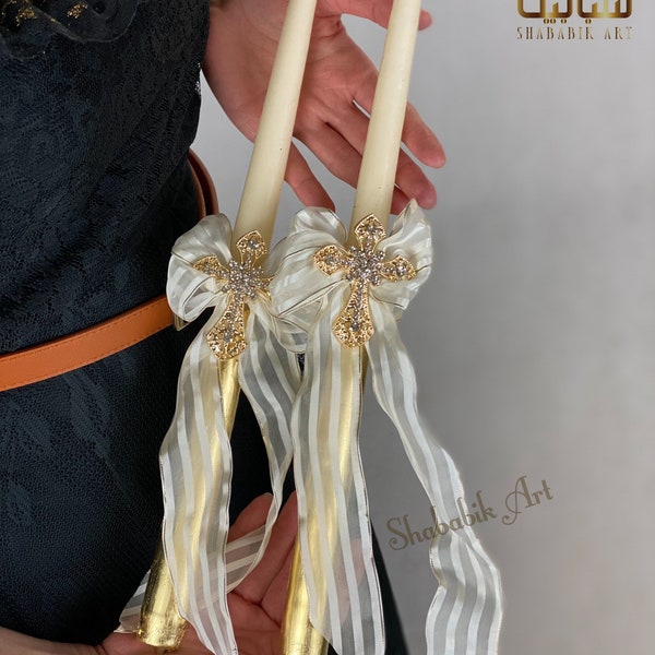 luxury Christening/Baptism Taper Candles with gold leaf