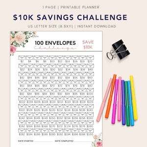 May include: Printable £10,000 savings challenge tracker with 100 envelopes, a floral design, and the text "Save £10K".