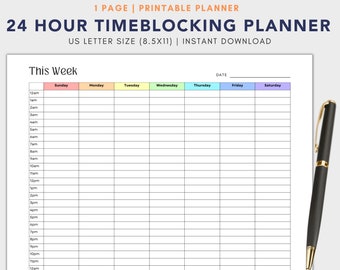 Planificador semanal de 24 horas con bloqueo de tiempo / Plantilla de productividad imprimible (descarga digital)