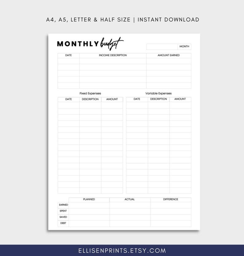 Monthly Budget Printable | Monthly Budget Sheet Printable| Budget by ...