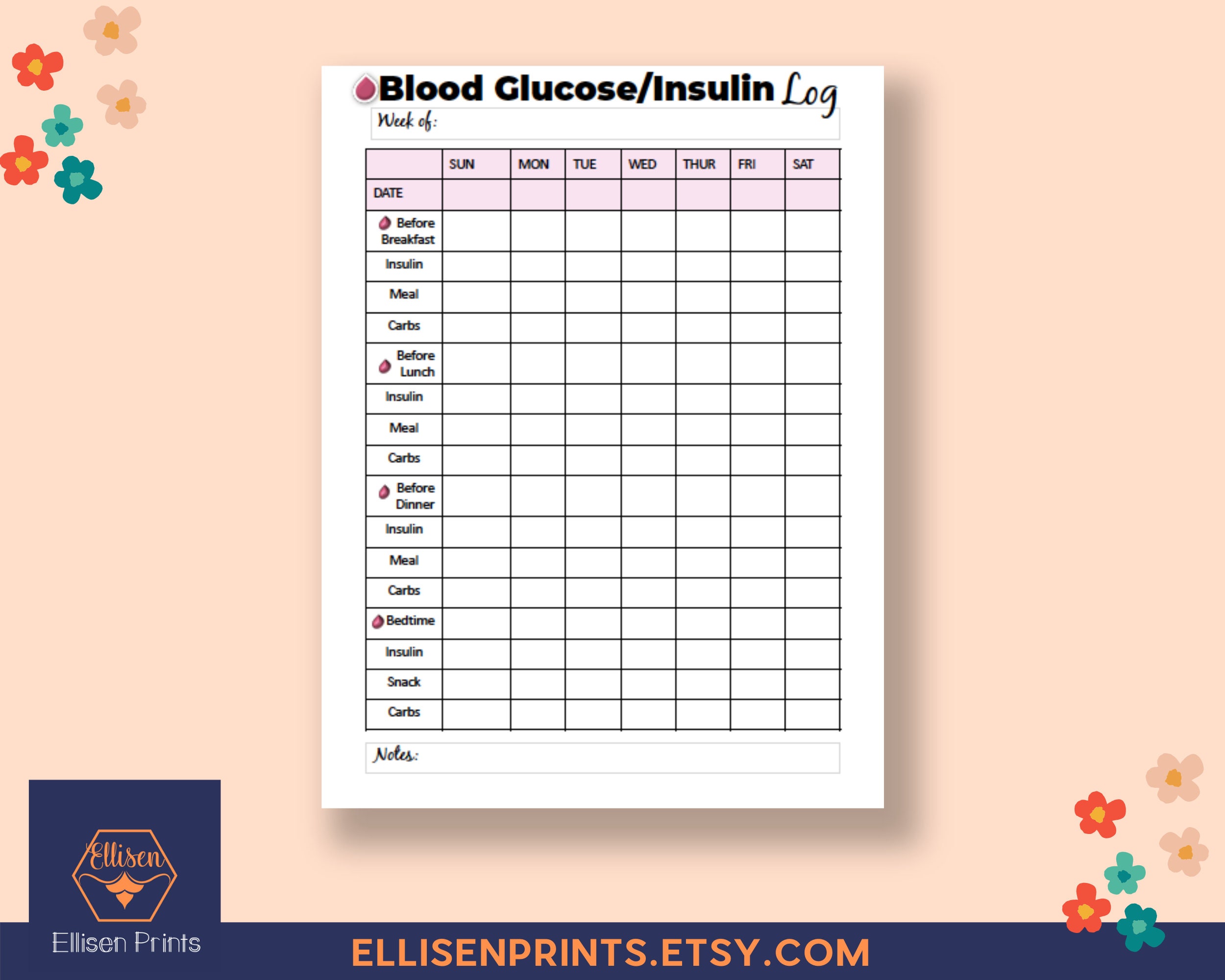 Diabetic Planner &amp; Tracker Glucose Insulin Tracker Food | Etsy