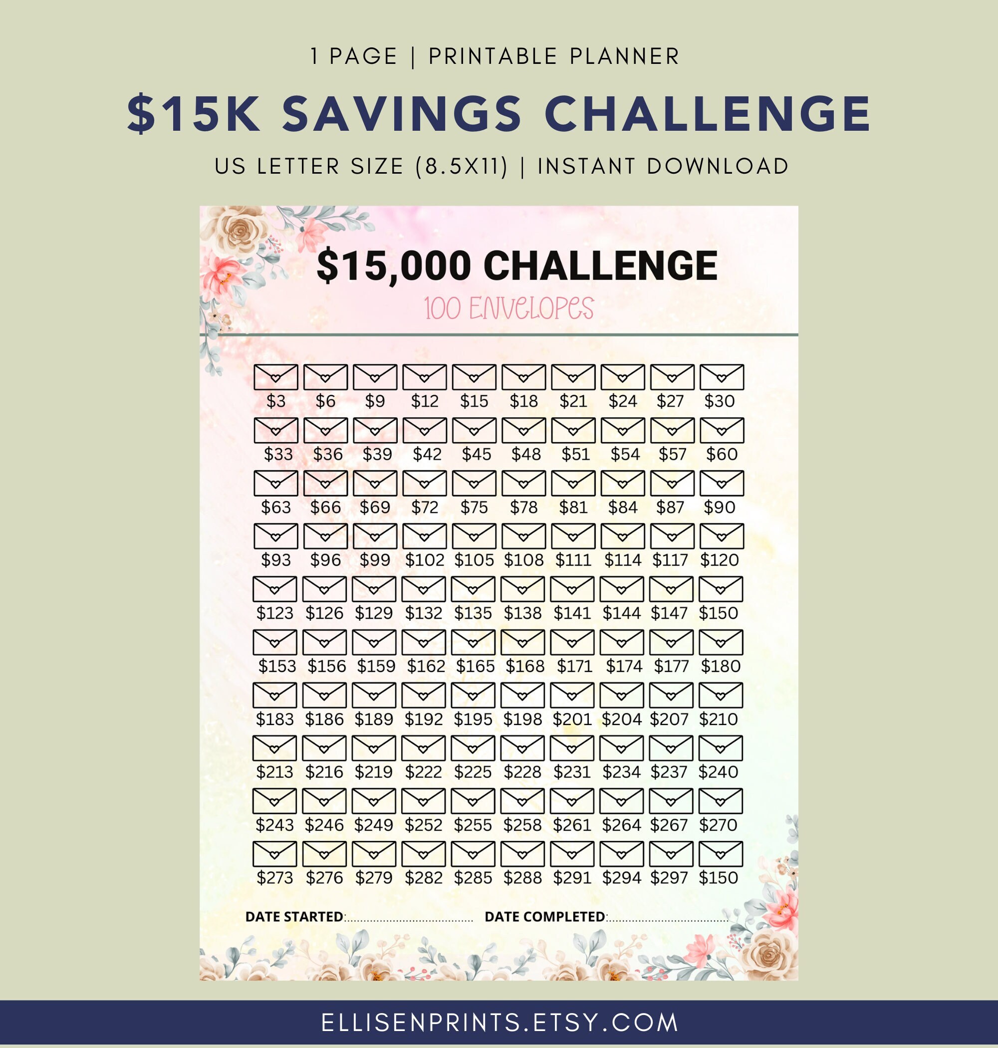 成功する貯蓄チャレンジプランナー | 財務目標 | 究極の貯蓄チャレンジ | 100 日間で 15,000 ドルを節約 | 即時ダウンロード |  印刷可能 - Etsy 日本