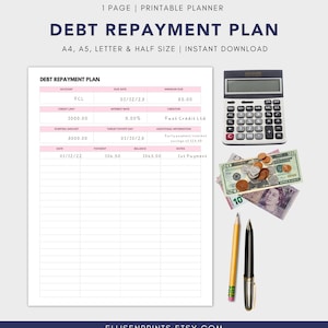 Plan de pago de deuda minimalista / Rastreador de pago de deuda imprimible / Rastreador de pago de deuda minimalista A4,A5,Carta,Medio, /Descarga instantánea PDF