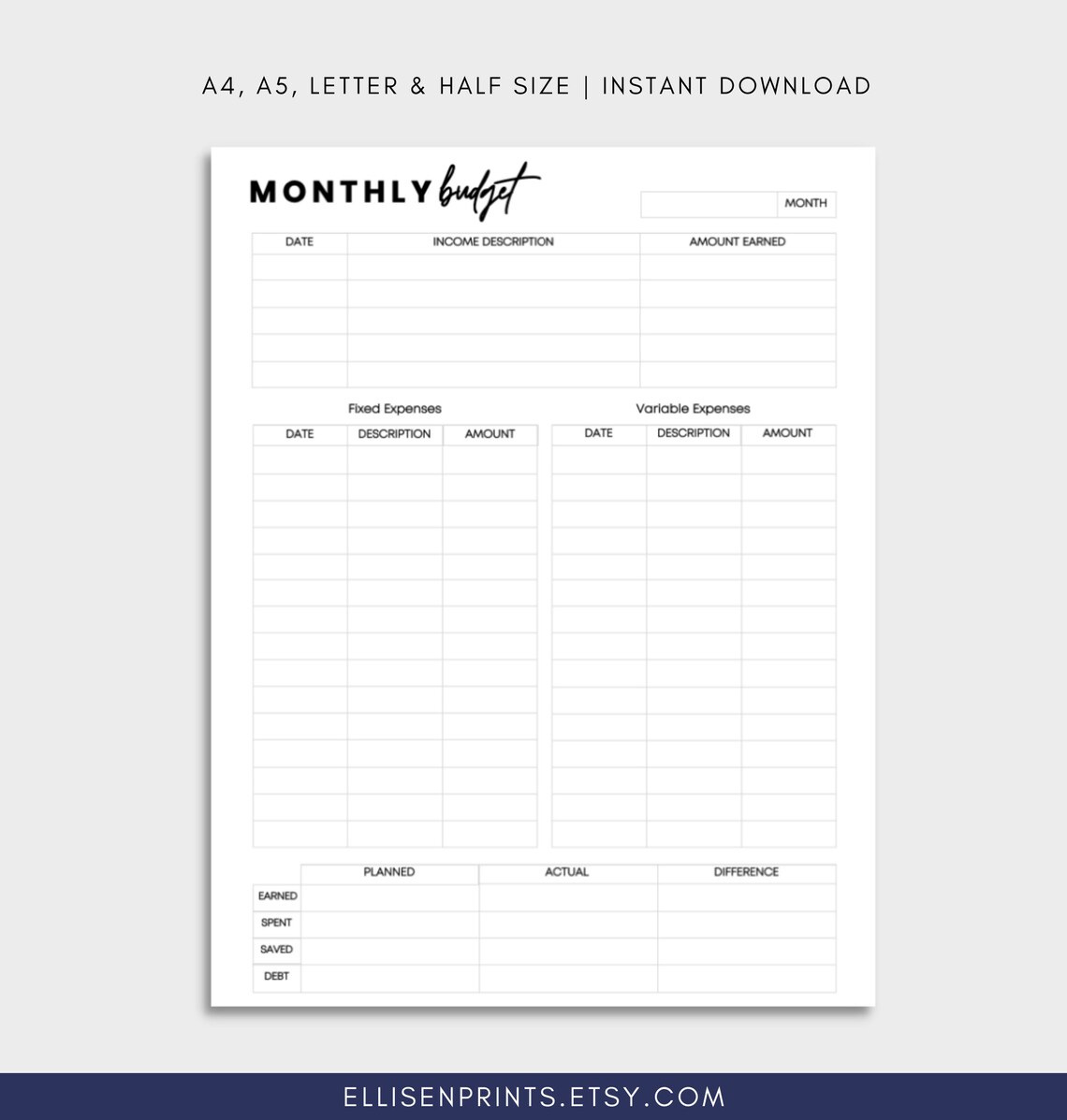 Monthly Budget Printable | Monthly Budget Sheet Printable| Budget by ...