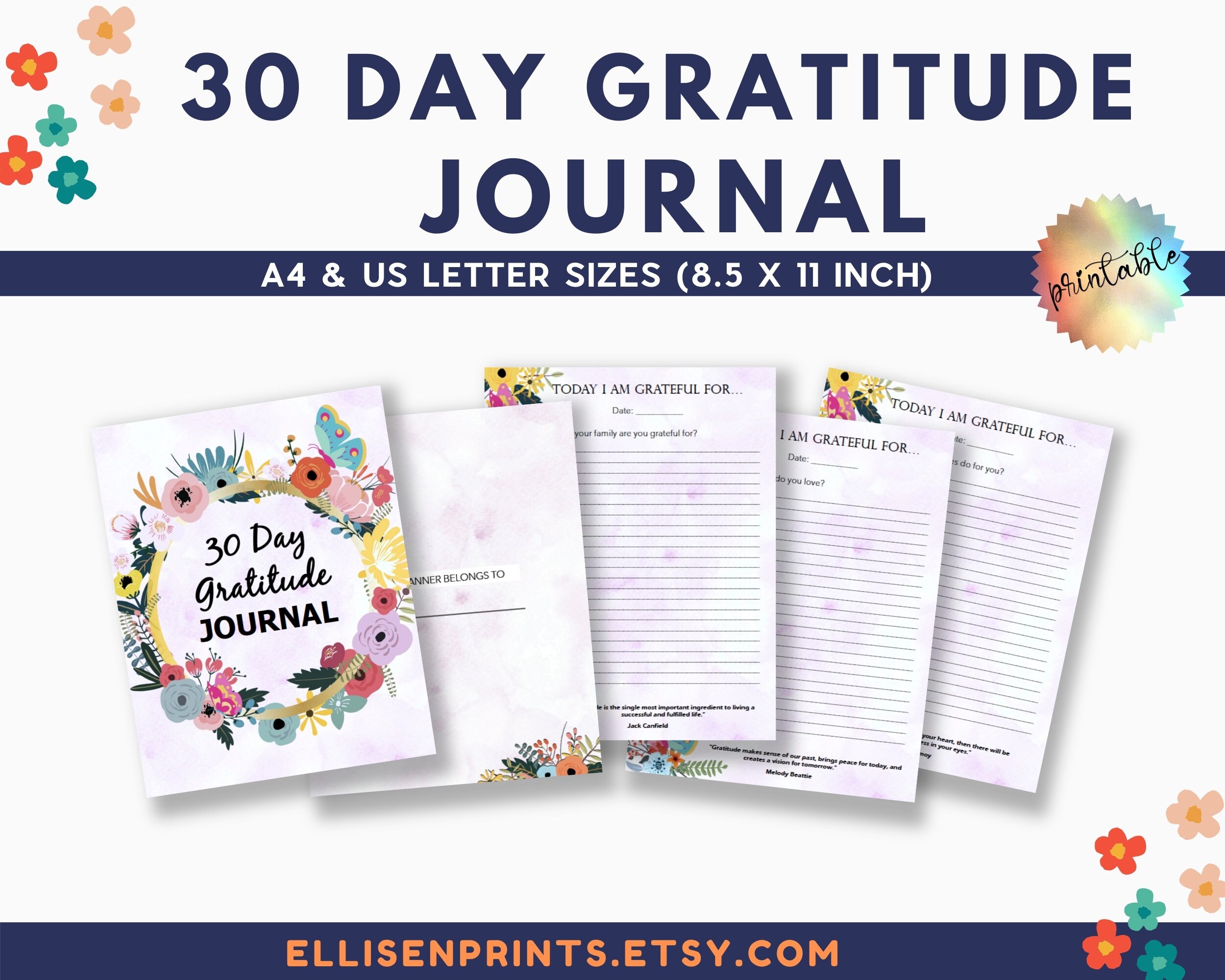 30 Day Gratitude Journal Printable Guided Daily Prompts & | Etsy