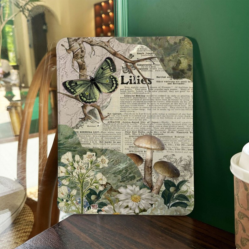 Vintage Butterfly & Mushroom iPad Case With Pencil Holder Flip/Book Style iPad Case Flower Collage iPad Air Mini 6/5/4/3 iPad Pro 2022 Case image 1