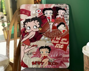 Cute Cartoon iPad Case With Pencil Holder For iPad Air iPad Mini iPad Pro, Flip/Book Style iPad Case, Vintage Betty Boop, Red Lip iPad Case