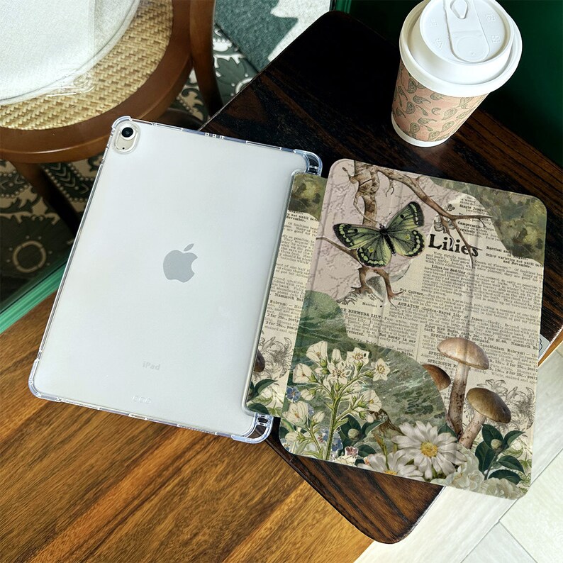 Vintage Butterfly & Mushroom iPad Case With Pencil Holder Flip/Book Style iPad Case Flower Collage iPad Air Mini 6/5/4/3 iPad Pro 2022 Case image 4
