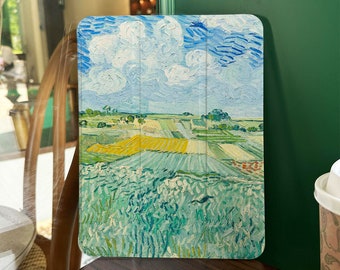 Oil Painting Field iPad Case With Pencil Holder For iPad Air 3/4/5 iPad 10/9/8 iPad Mini iPad Pro 2022/2021, Flip/Book Style iPad Case