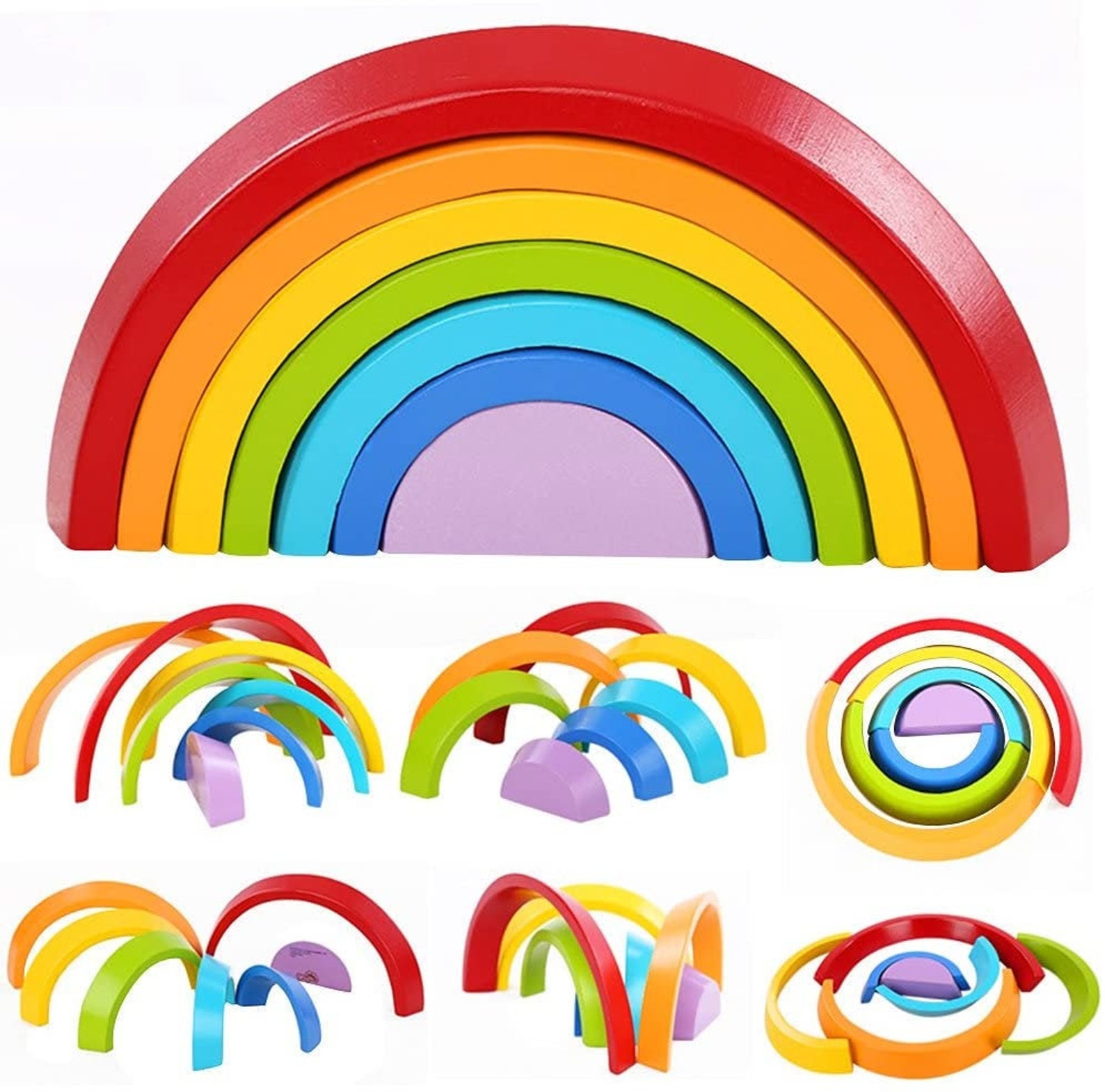 Wooden Rainbow Stacking Game Learning Toy Geometry Building Etsy