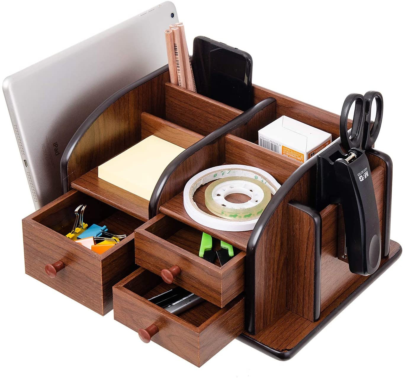 Wooden Desk Organizer Multiple Compartments 3 Drawers Slots 2 Etsy