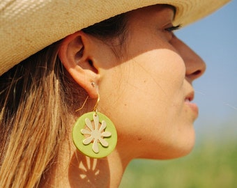 Groovy Flower Hoop Earrings | Handmade with Polymer Clay and Brass Flowers on Hypoallergenic Metal | Boho, Earthy, 60s/ 70s Style Earrings