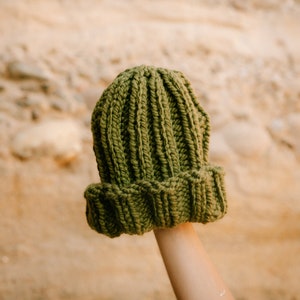 Ribbed Chunky Hand Knit Beanies Handmade with Wool & Acrylic Blend Yarn Boho, Outdoorsy, Earthy, Surfer Style Soft, Cozy, Customizable Spanish Olive