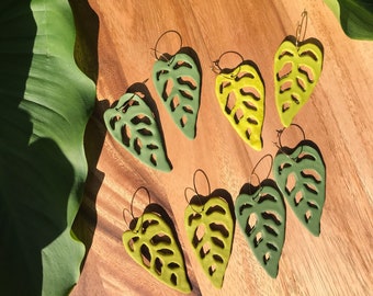 Monstera Green Leaf Earrings | Handmade with Polymer Clay on Hypoallergenic Hoop Earrings | Boho, Earthy Style Jewelry for Plant Lovers