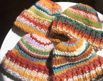 Hand Knit Scrap Beanies | Colorful, Cozy & Chunky Knit | Funky, Boho Style | Rainbow Hats | Sustainably Made