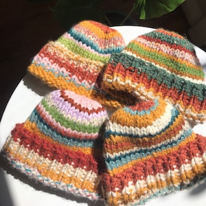 Hand Knit Scrap Beanies | Colorful, Cozy & Chunky Knit | Funky, Outdoorsy, Boho Style | Sustainably Made with Leftover Yarn Scraps