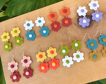 Colorful Flower Earrings | Customizable | Handmade with Polymer Clay on Hypoallergenic Metal | Retro Boho Style | Groovy 70s Flowers