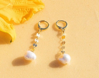 Freshwater Pearl Earrings | Handcrafted on Hypoallergenic Gold Drop Chains | Huggie Hoops | Simple, Beachy, Boho Jewelry