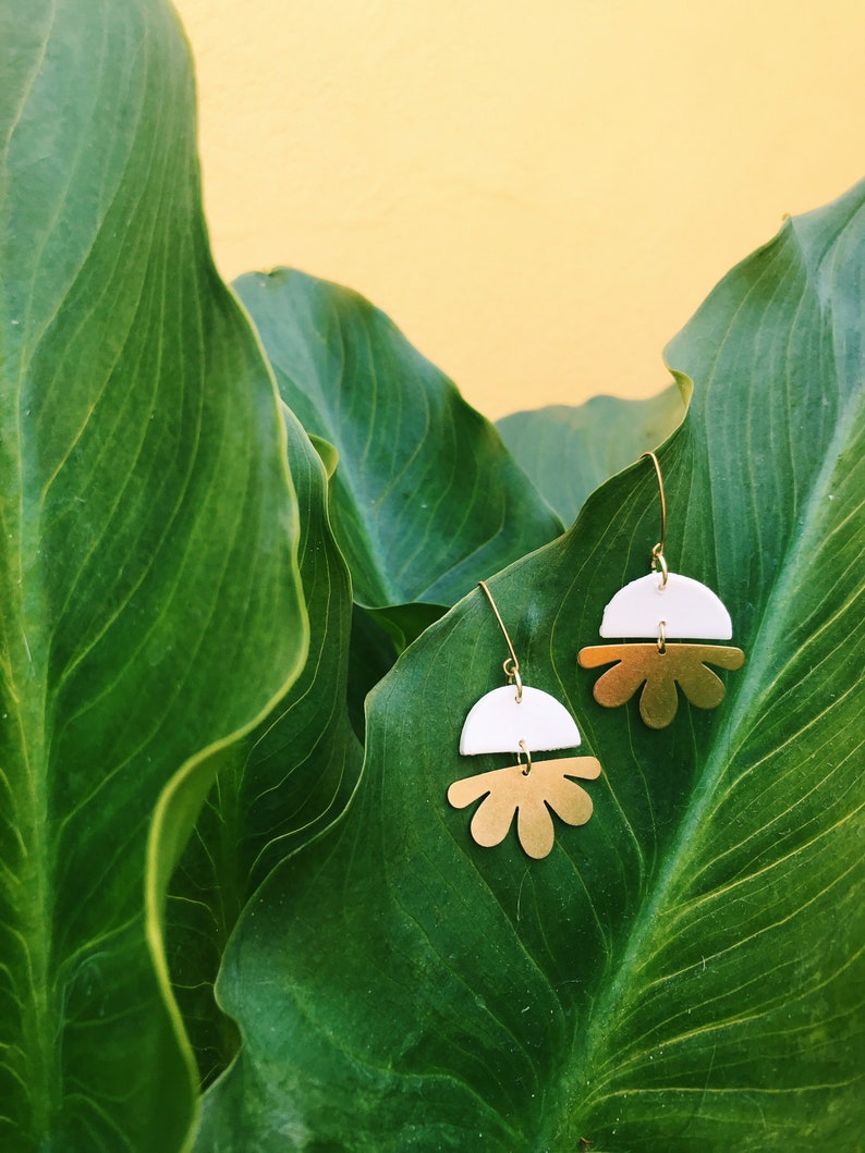 Boho Style Brass Flower Earrings Handmade with Polymer Clay on Hypoallergenic Metal Boho, Earthy, Lightweight, Simple White
